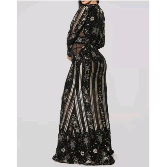 Fashion Nova Dress Black Gold Sequin Floral Embroidered Evening Gown Size Small - Picture 4 of 16